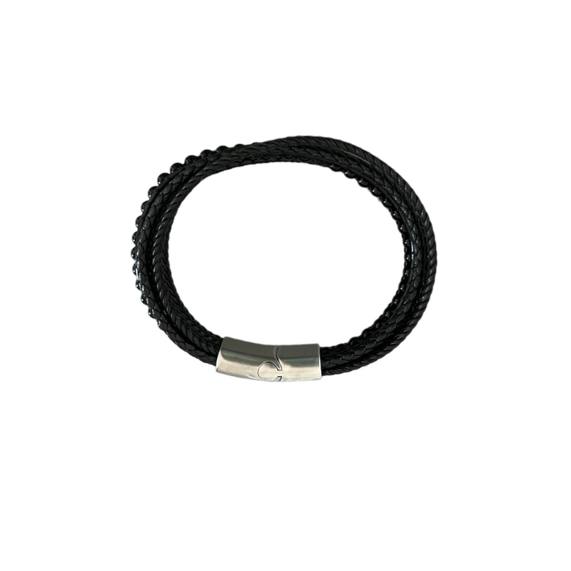 BRACELET CUIR PERLES NOIR