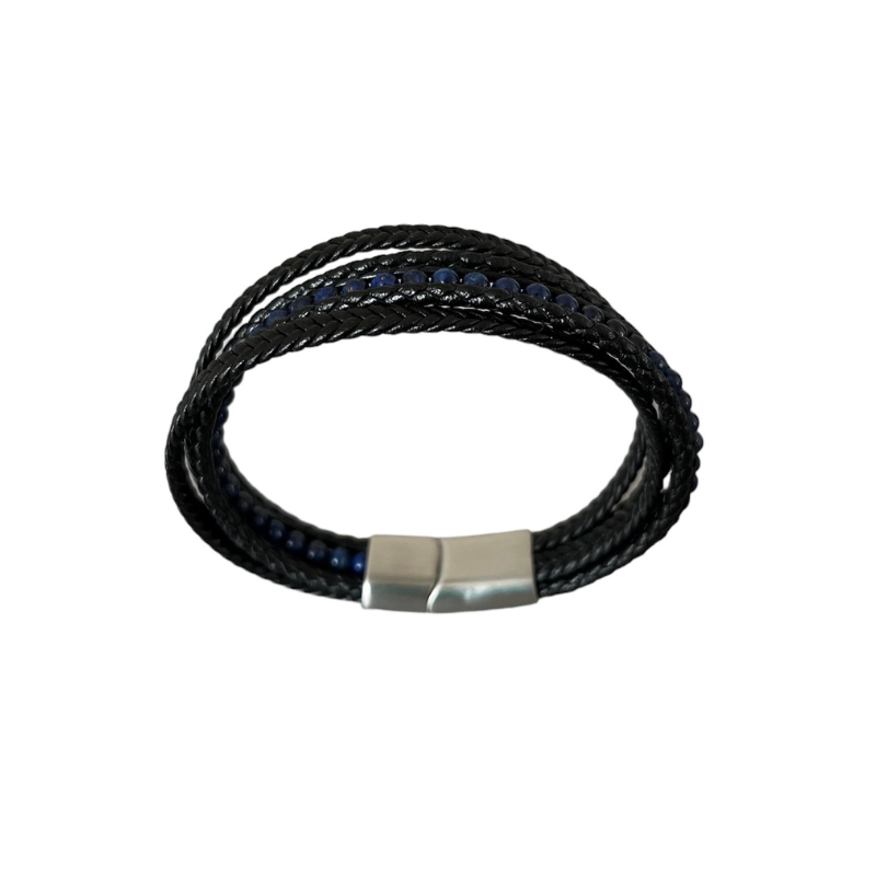 BRACELET CUIR PERLES BLEU