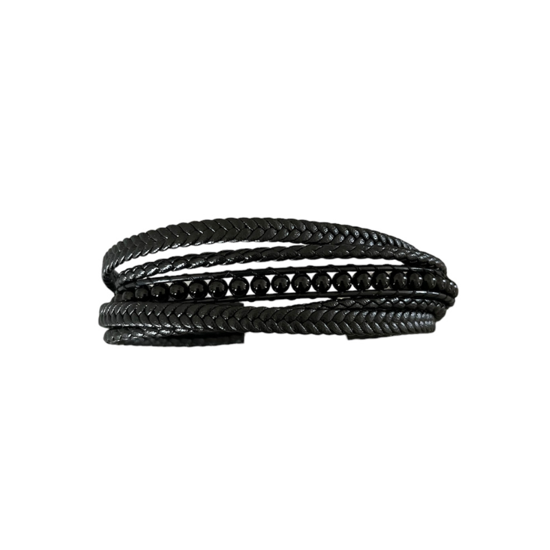 BRACELET CUIR PERLES NOIR