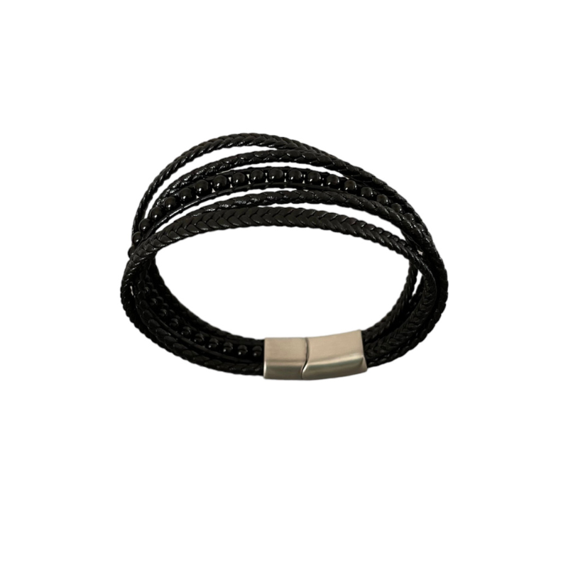 BRACELET CUIR PERLES NOIR